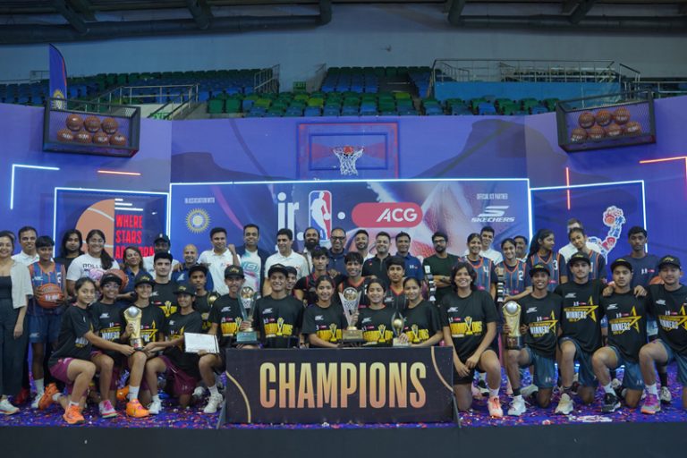 Winners of the 2025-26 ACG Jr. NBA 3v3 National Finals Tournament pose with their trophies at the KD Jadhav Indoor Stadium, New Delhi on Tuesday
